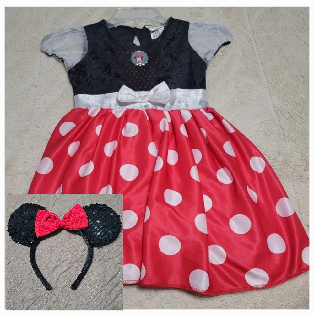 Disney Minnie Mouse Polka Dot Dress and Sparkly Minnie Mouse Ears  kids S 4-6